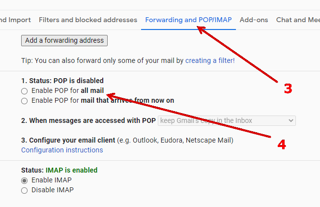 How to enable POP access in Gmail.